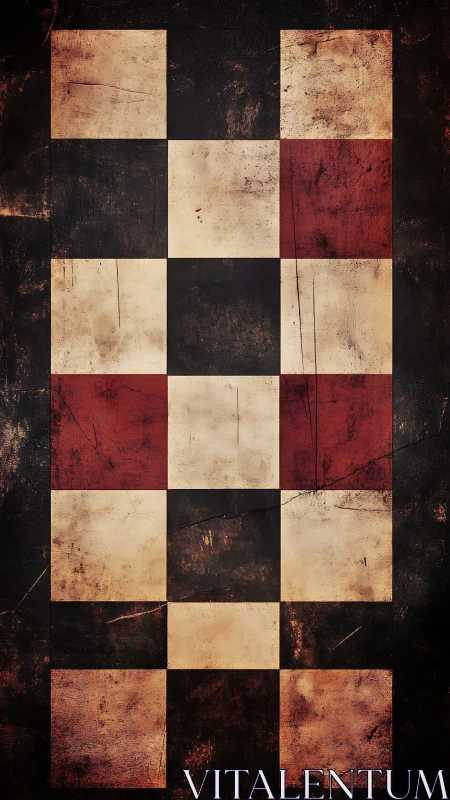 Weathered chessboard echo with scarred crimson squares.