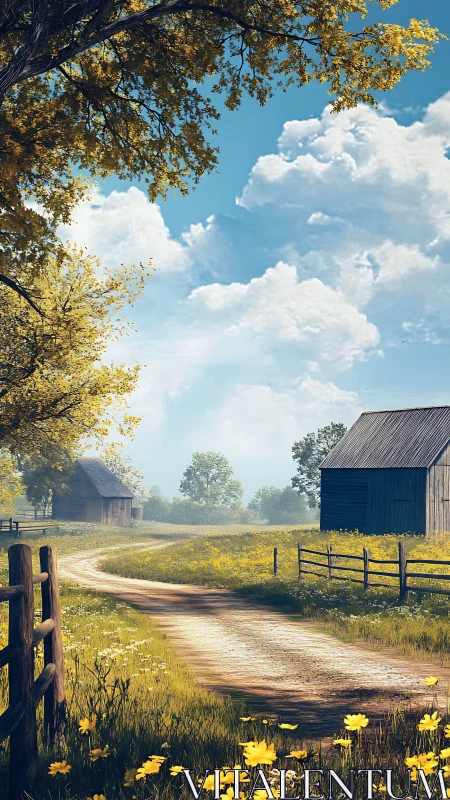 Sunlit country lane winding past barns and wildflowers.