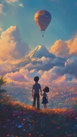 Two silhouetted children watching hot air balloon above mountain landscape