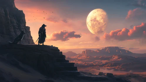 Wolf-headed warrior overlooks desert plateau under massive moon