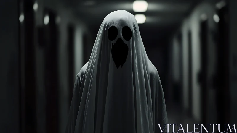 Ghostly figure haunts a dim corridor in eerie silence