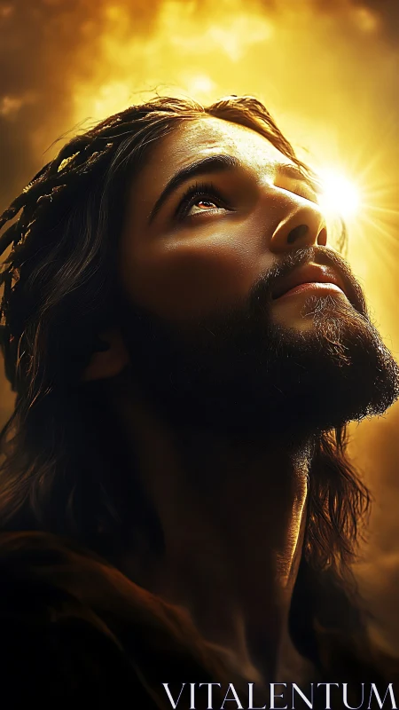 Radiant bearded figure gazing upward in golden light.