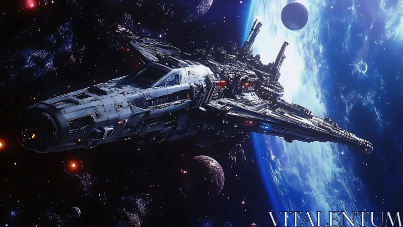 Starship gliding past a glowing blue world in deep space.