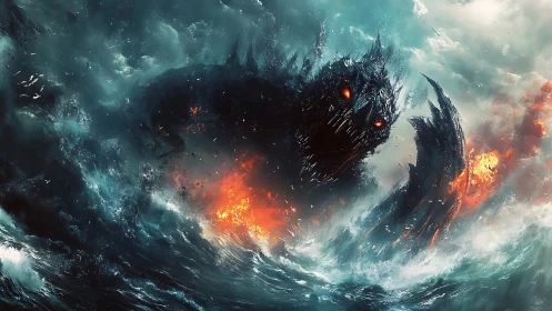 Sea monster with flaming eyes rises from storm ocean