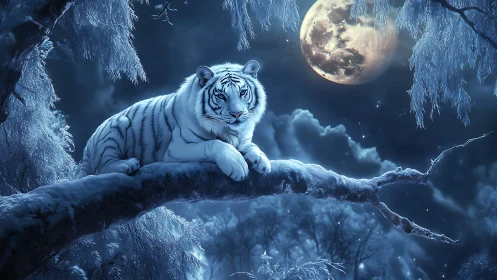 White tiger rests on snowy branch beneath luminous full moon.