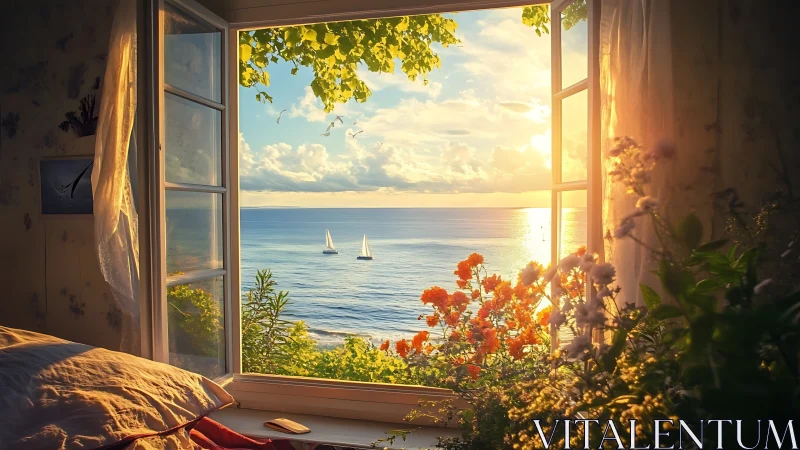 Sunlit bedroom window framing tranquil ocean sunset view.