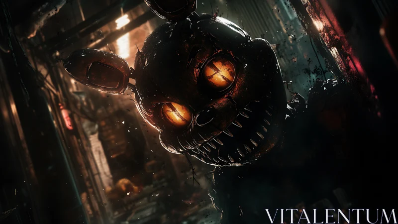 Burned animatronic rabbit looms in a sparking corridor.