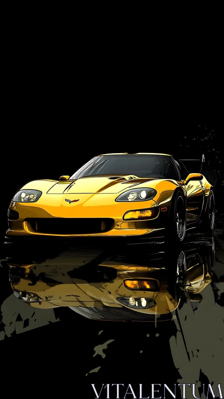 Yellow sports coupe is rendered with reflective wet ground