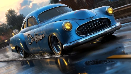 Blue retro racer sliding through a glowing city rainstorm.