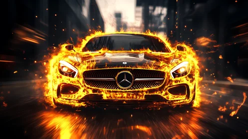 Flaming sports car charging through blurred neon streets.