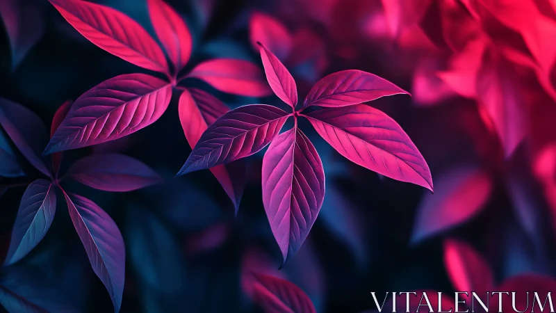 Neon twilight foliage glowing in electric magenta and cobalt.