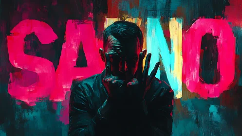 Silhouetted figure stands before bold SAN NO text backdrop
