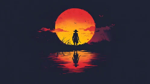 Lone wanderer strides across a molten watercolor sunset mirror