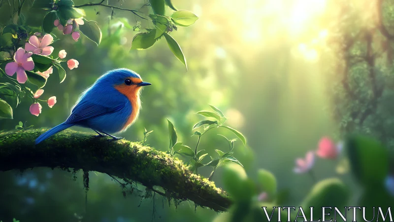 Vibrant Bluebird on Mossy Branch in Dreamy Spring Forest Scene.