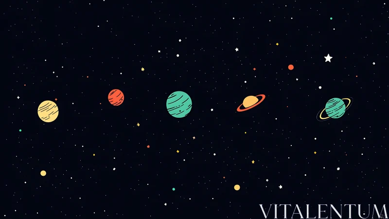 Tiny candy planets drift in a playful midnight star parade