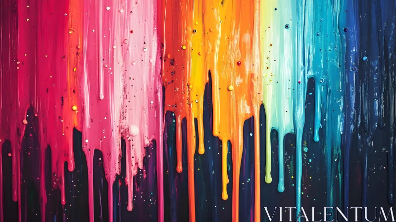 Vibrant Dripping Rainbow Paint Abstract Art on Dark Canvas.