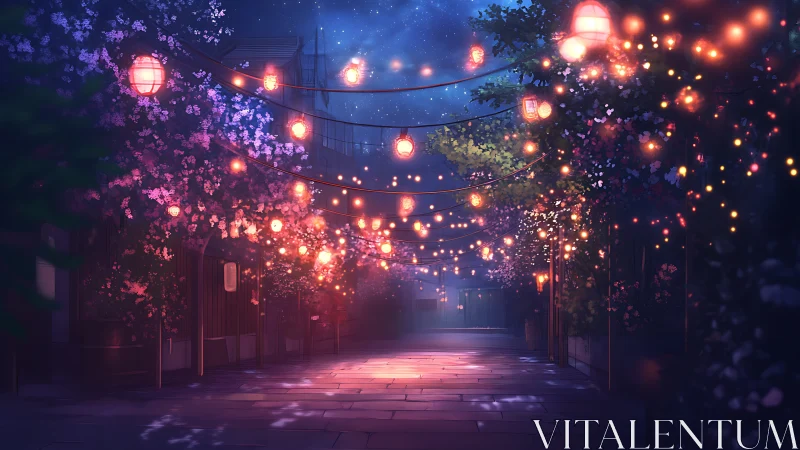 Lantern-kissed night lane wrapped in secret blossom glow.