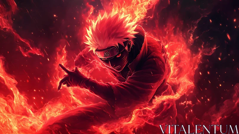 Flaming ninja silhouette in red chakra-like inferno field