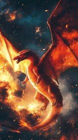 Inferno dragon soaring through blazing storm sky.