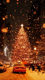 City taxis queue beneath a blazing Christmas star tree