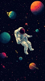 Stargazing astronaut drifts through neon planets and dreams.