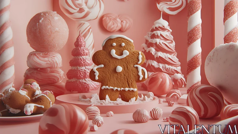 Gingerbread cookie stands amid pink candy holiday landscape
