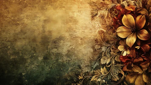 Baroque floral composition emerges from textured ochre wall