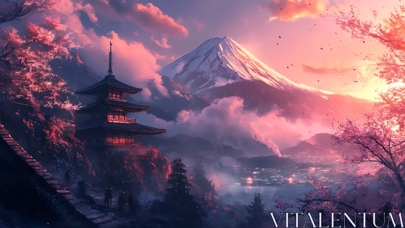 Mountain landscape frames tiered pagoda under evening sky