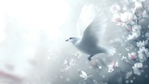 White bird in flight beside soft blooming cherry flowers.