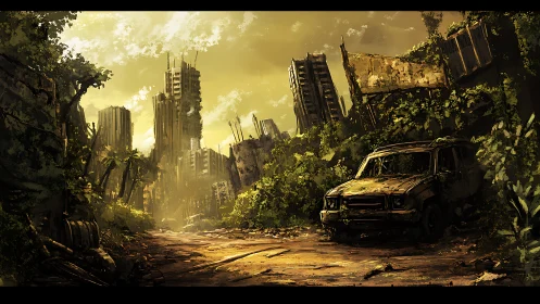 Post-apocalyptic urban ruins reclaimed by dense vegetation