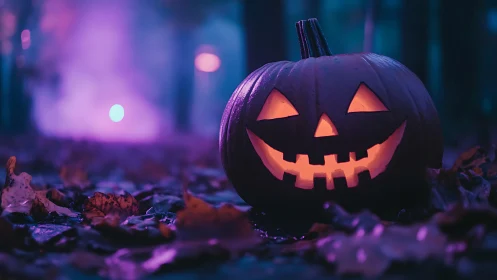 Low angle jack o lantern in foggy neon lit autumn forest