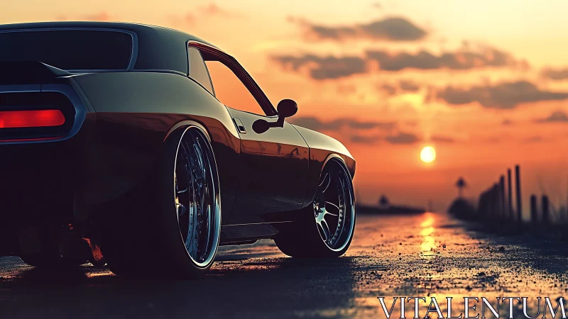 Classic muscle car on wet road at vivid sunset horizon.
