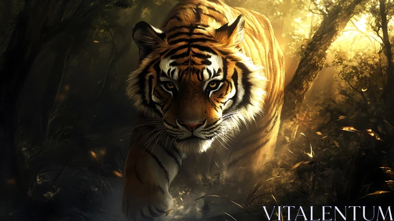 Sunlit jungle stalker padding through golden-shadowed silence.