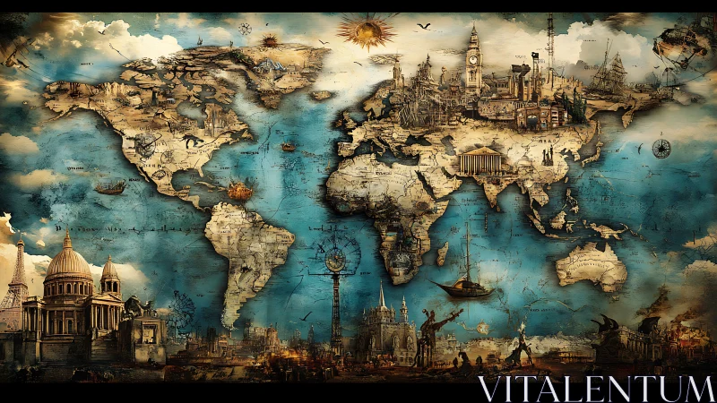 Steampunk world map with iconic cities and antique seas.
