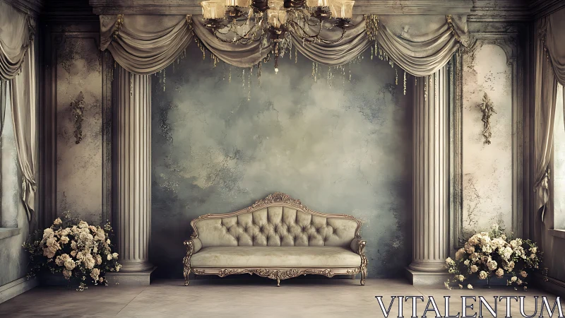 Neoclassical salon interior with tufted settee and draped valances