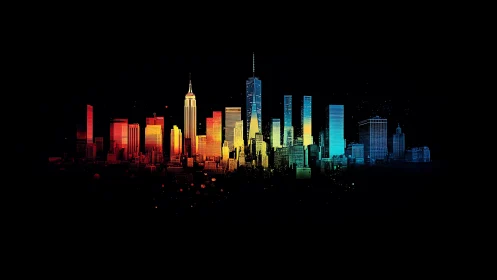 Multicolor gradient skyline illustration spans dark background