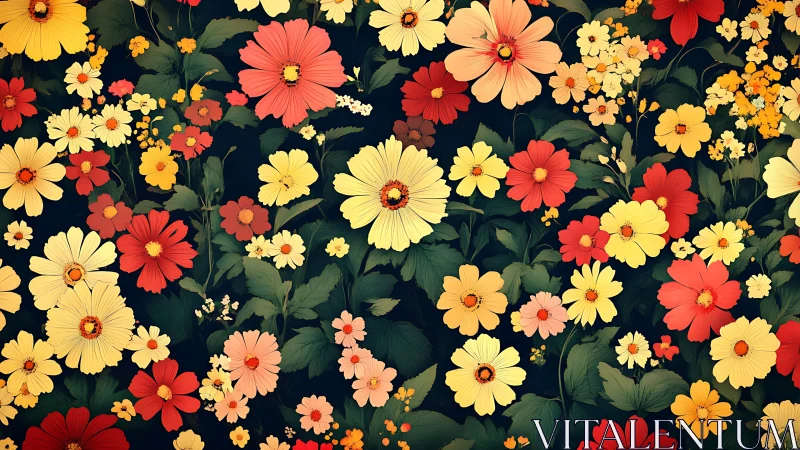 Vibrant Floral Garden Pattern Against Dark Background.