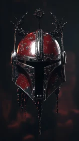 Weathered crimson battle helmet hangs in eerie, quiet light