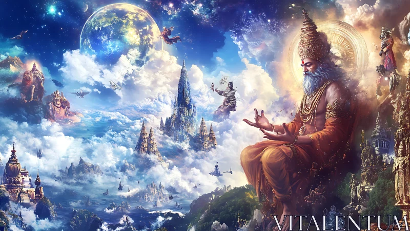 Cosmic deity in meditative pose anchors layered celestial megastructures