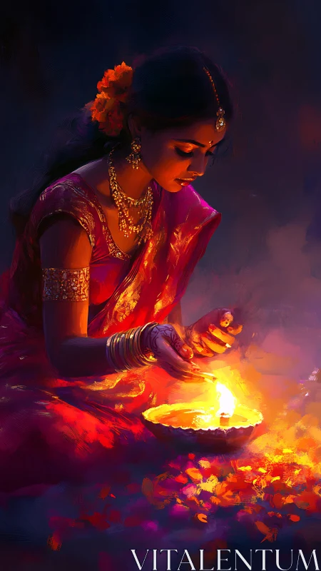 Diya light bathes a woman in radiant festive glow.