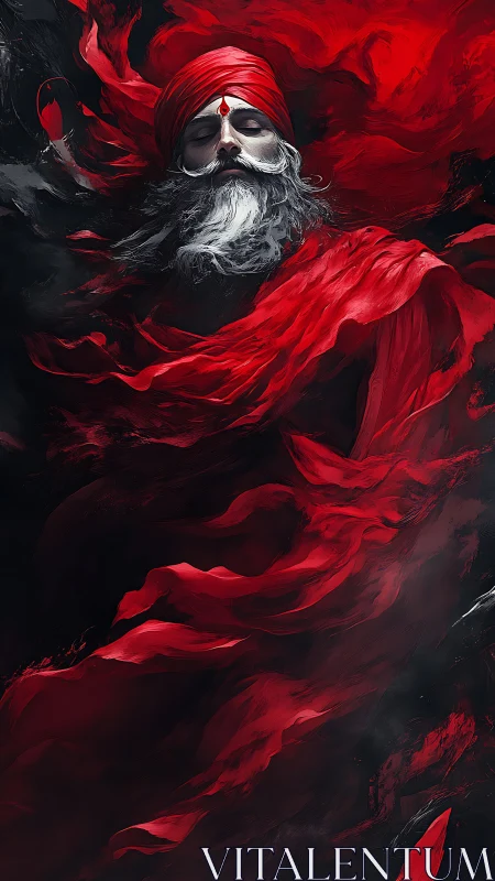 Scarlet-clad mystic rests in a swirling storm of red light