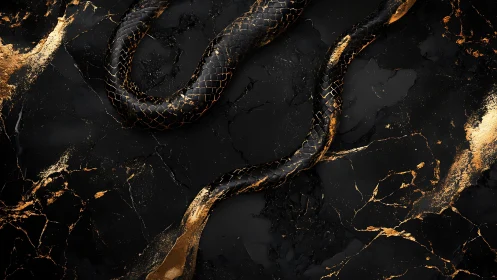 Black serpent glides across cracked gold marble field.
