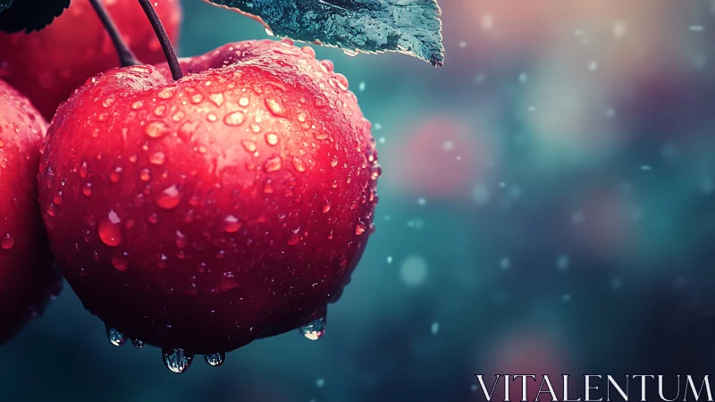 Red apple with dewdrops hangs against cool blurred bokeh
