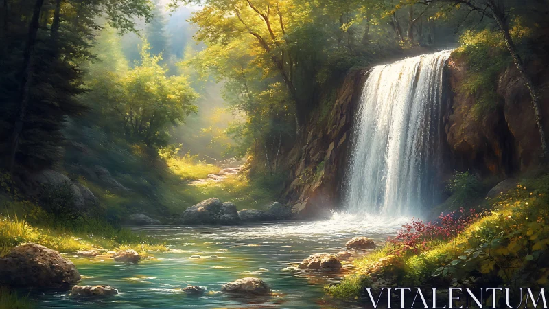 Sunlit forest waterfall cascading into clear green pool.