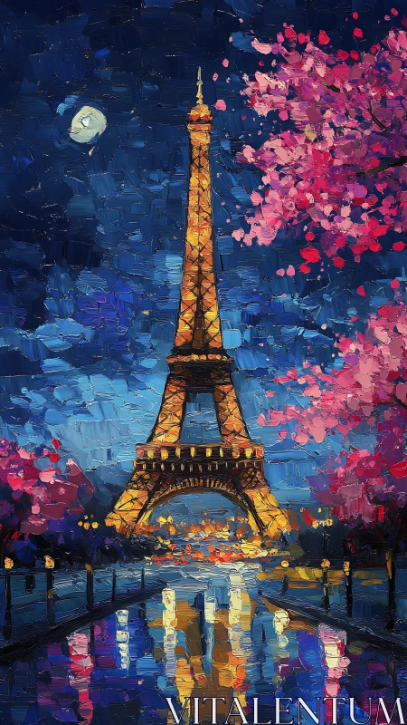 Eiffel Tower glows above a moonlit Paris street in spring