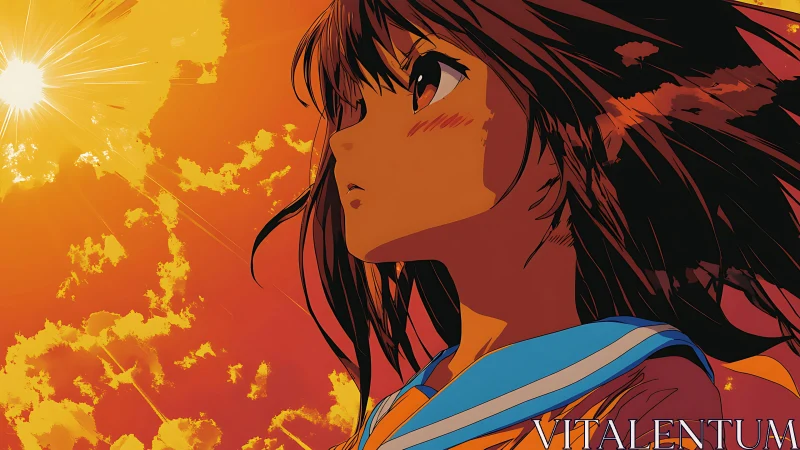 Sunlit anime schoolgirl gazes toward a blazing orange sky.