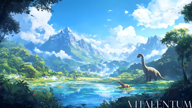 Luminous Jurassic valley unites dinosaurs, alpine peaks, and lake