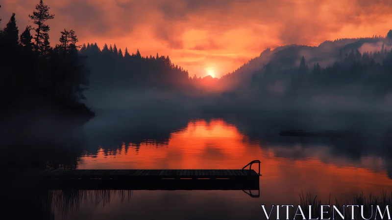 Sunrise illuminates misty forest lake and empty wooden pier