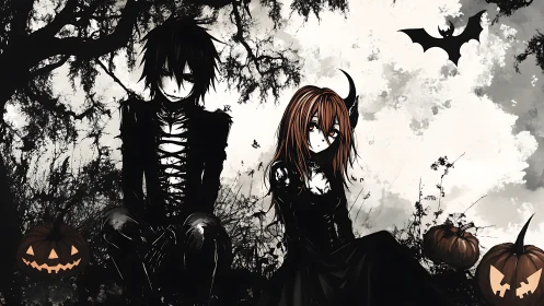 Gothic anime pair in eerie pumpkin graveyard scene.