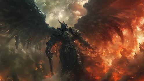 Dark seraph in scorched skies over infernal battlefield.
